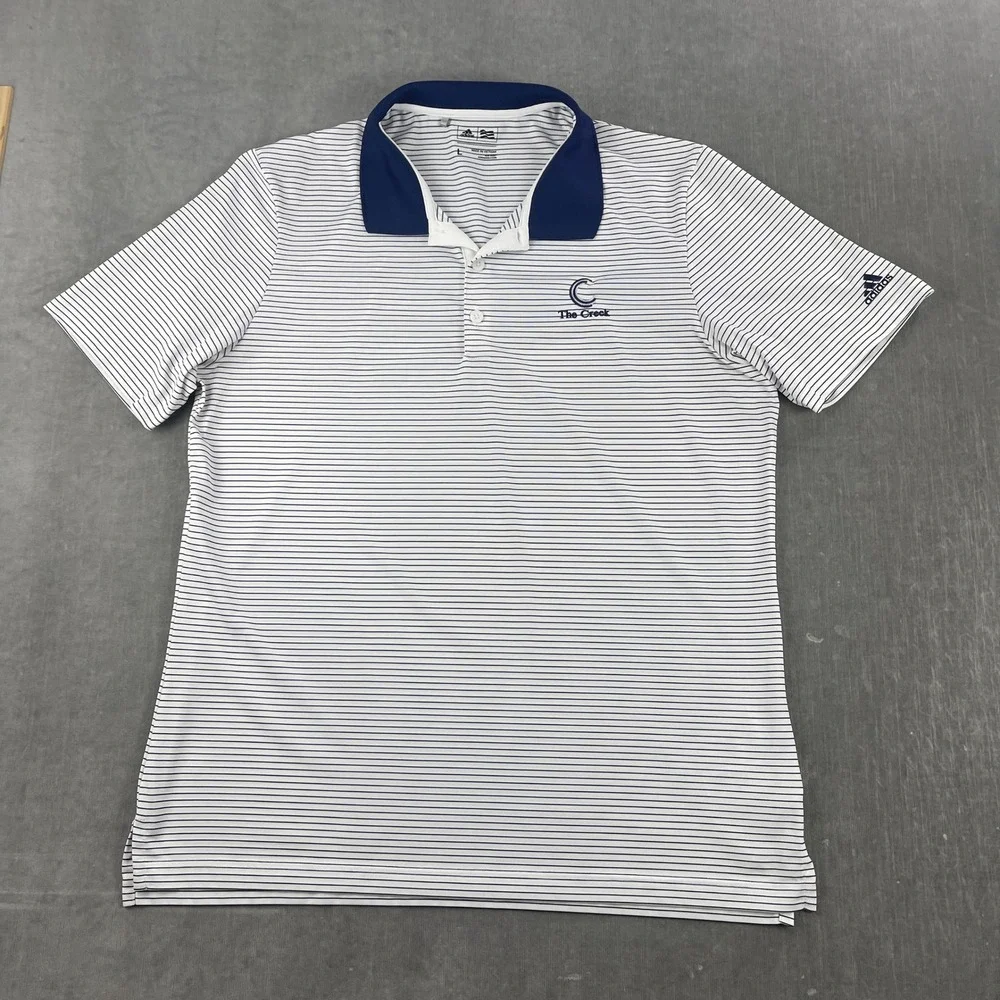 Adidas Mens Large White Striped Polo Shirt The Creek Golf Performance